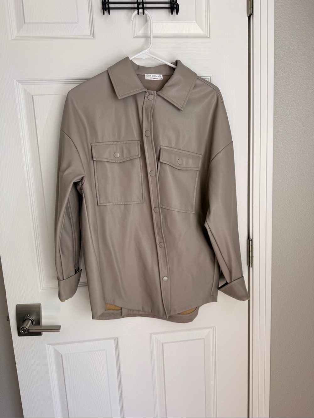 Shop Neighbor Oversized Faux Leather Shacket in Taupe - Modern Boyfriend Jacket